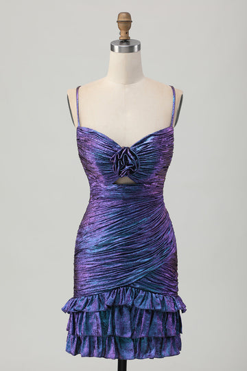 Metallic Blue Purple Bodycon Cut Out Ruffled Cocktail Dress